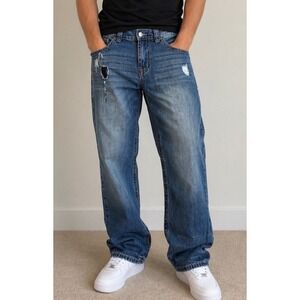 Axel Mens Relaxed Straight Distressed Medium Wash Denim Jeans Blue 32x30